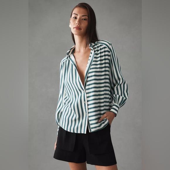 Maeve Tops - Maeve Green and White Striped Button Down Shirt
